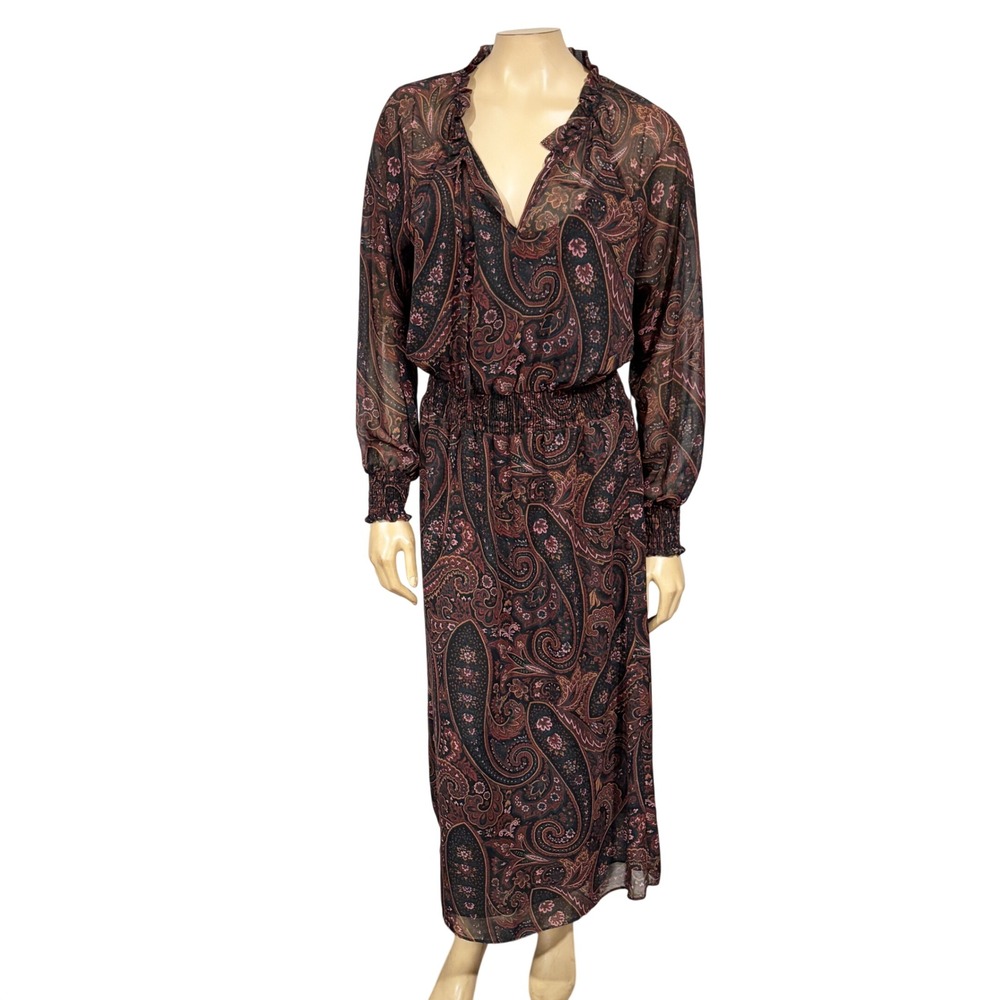 Allison Joy Paisley Maxi Dress Smocked Waist Ruffle V-Neck Boho Chiffon Dress